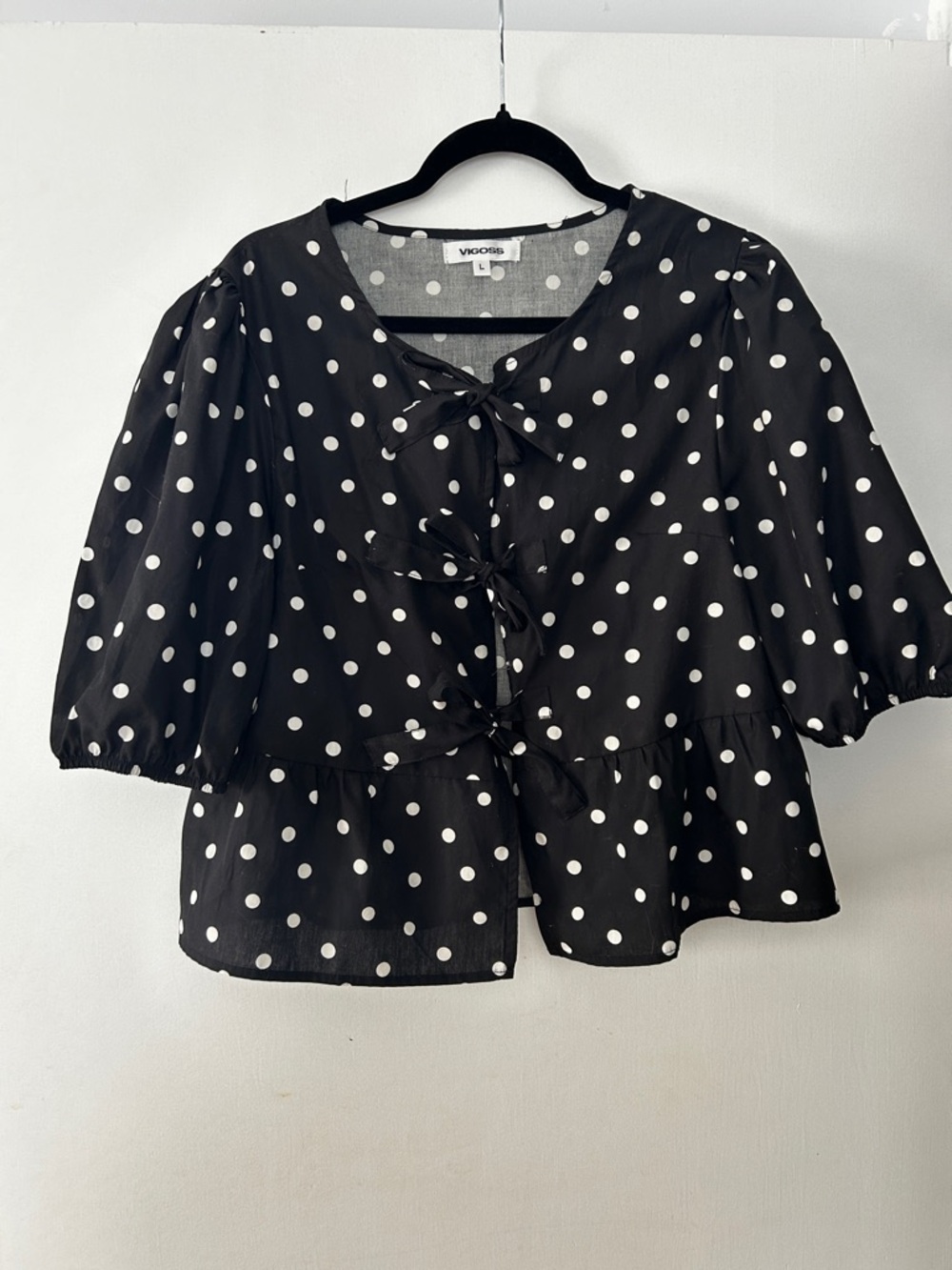 VIGOSS Polka Dot Tie Front Blouse Puff Sleeve Large Cotton Black White Preppy‎